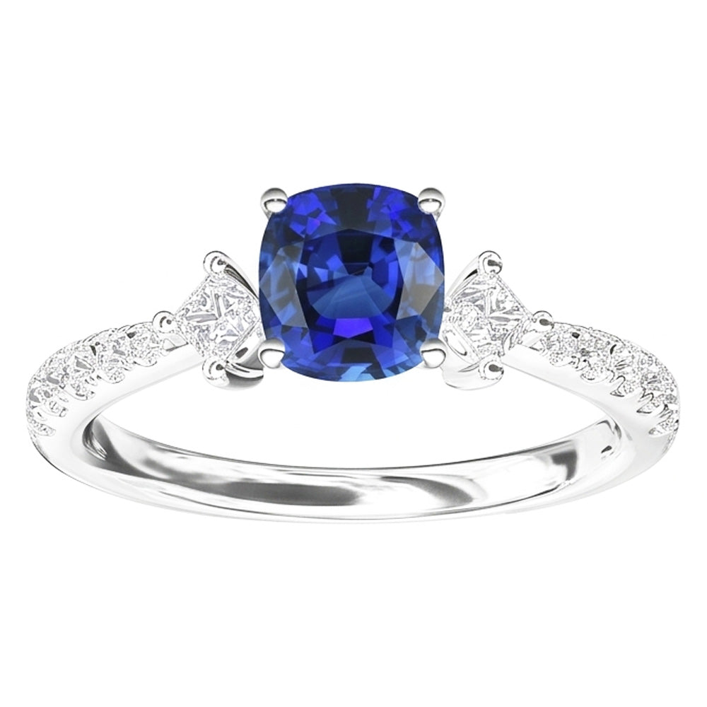 Round & Princess Natural Earth Mined Diamond Cushion Sapphire Ring 3 Carats 3 Stone Style