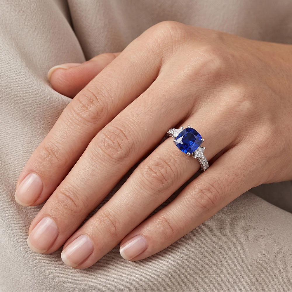 Round & Princess Natural Earth Mined Diamond Cushion Sapphire Ring 3 Carats 3 Stone Style
