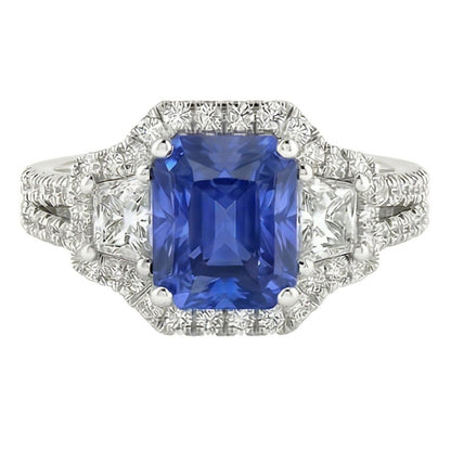 Round & Trapezoid Natural Earth Mined Diamond Halo Sapphire Engagement Ring 4 Carats