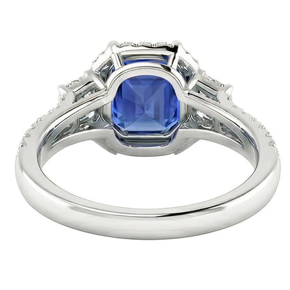 Round & Trapezoid Natural Earth Mined Diamond Halo Sapphire Engagement Ring 4 Carats