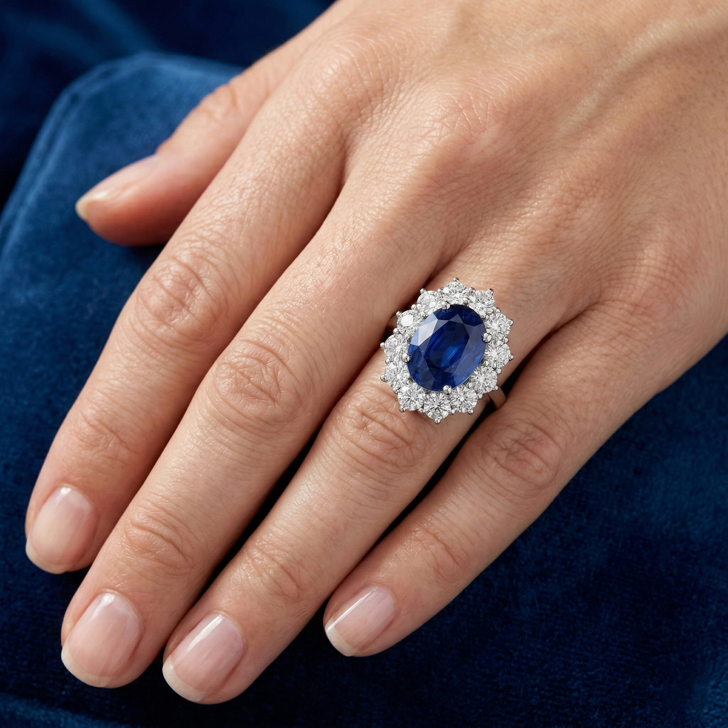 Round And Oval Ceylon Sapphire 6 Carat Natural Earth Mined Diamond Ring White Gold 14K