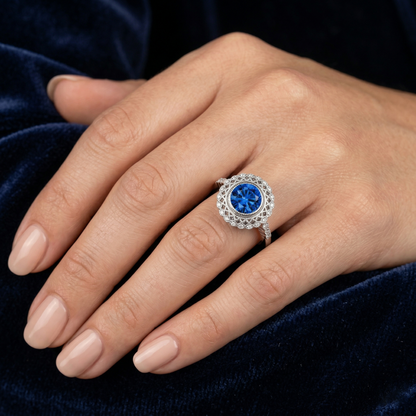 Round Ceylon Sapphire Natural Earth Mined Diamond Ring Bezel Set 3.80 Carat White Gold 14K