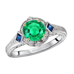 Round Cut Green Emerald & Sapphire Ring Halo Diamond Vintage Look