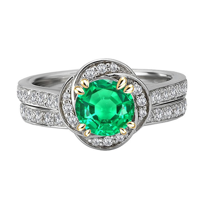 Round Cut Green Emerald Engagement Ring Set Stylish Jewelry