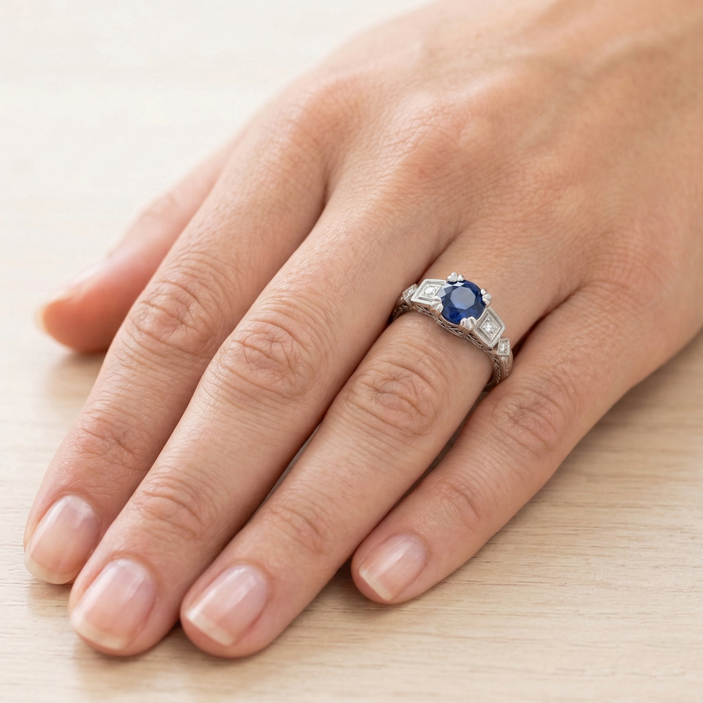 Round Cut 1.65 Ct Sri Lankan Sapphire And Natural Earth Mined Diamonds Ring White Gold 14K