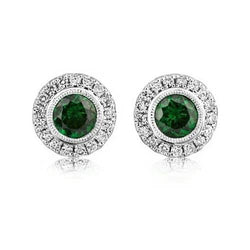 Round Cut 4 Ct Green Emerald With Diamond Halo Studs Earrings Gold