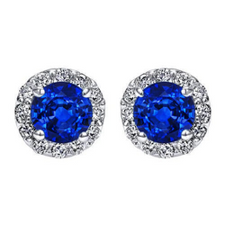 Round Cut Halo Sapphire And Diamond Stud Earring White Gold 14K