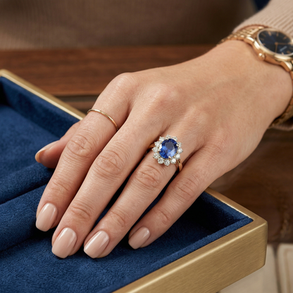 Round Cut Sri Lanka Blue Sapphire Natural Earth Mined Diamonds 3 Ct Ring