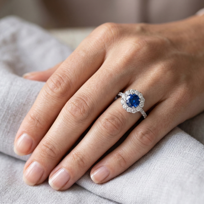 Round Cut Sri Lanka Sapphire Natural Earth Mined Diamond Ring Gold 14K 1.50 Carats