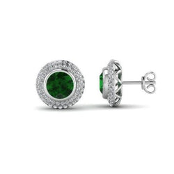 Round Green Emerald & Diamond 5.90 Carats Stud Halo Earrings White Gold 14K