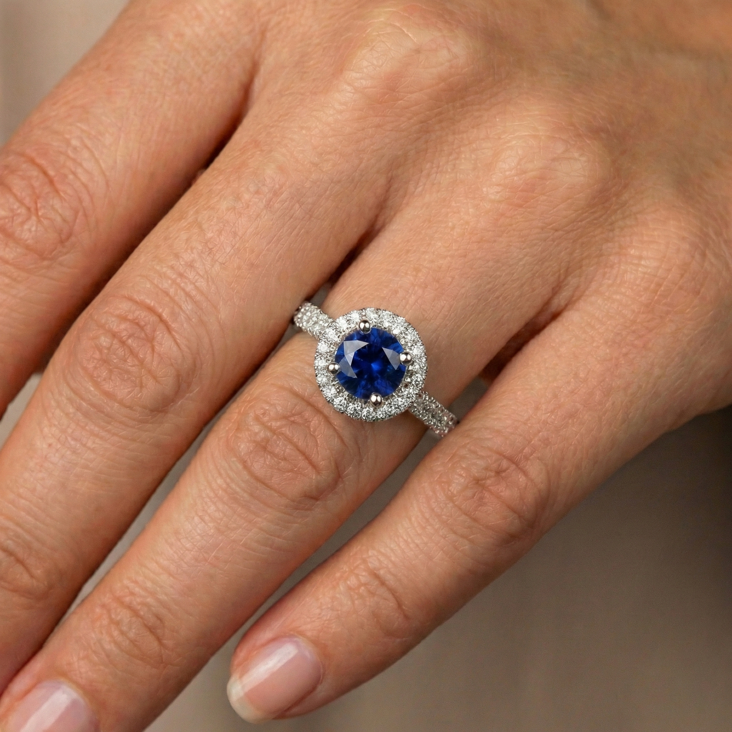 Round Halo Ring Ceylon Sapphire 3 Carats Multi Row Pave Set Natural Earth Mined Diamonds