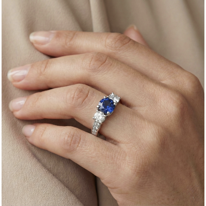 Round Natural Earth Mined Diamond & Sapphire Ring With Accents 2.50 Carats Trellis Setting