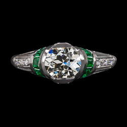 Round Old Cut Diamond & Emeralds Ring 3.75 Carats White Gold