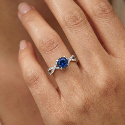 Round Sapphire And Natural Earth Mined Diamond Engagement Ring