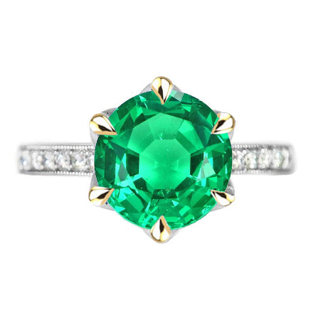 Round Solitaire Green Emerald With Accents Engagement Ring