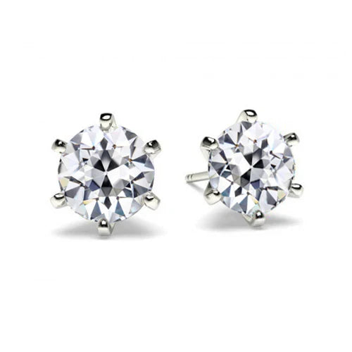 Round Stud Earth Mined Diamond Earrings 3 Carats Old Miner White Gold