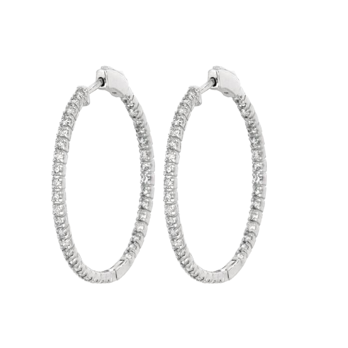 Round Brilliant 2 Carat Natural Earth Mined Diamond 2 Pointer Hoop Pair Earring WG 14K