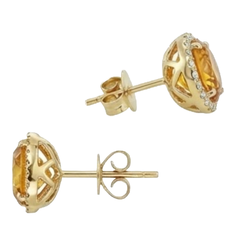 Round Cut 38.80 Ct Madeira Citrine & Natural Earth Mined Diamond Stud Earrings Yellow Gold