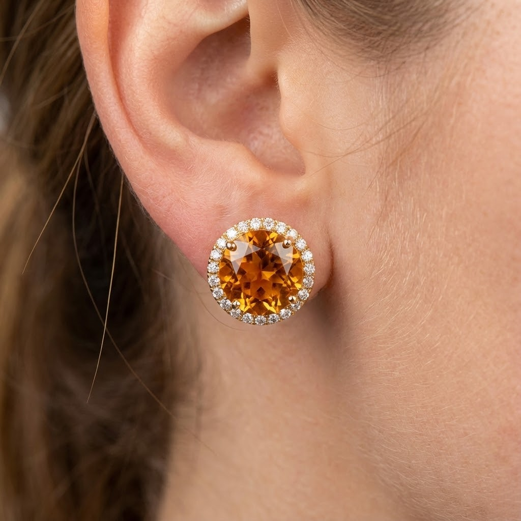 Round Cut 38.80 Ct Madeira Citrine & Natural Earth Mined Diamond Stud Earrings Yellow Gold