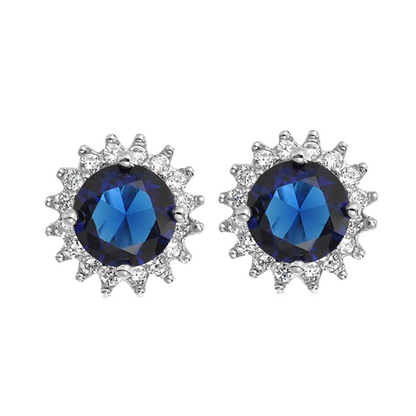 Round Cut Ceylon Sapphire And Natural Earth Mined Diamond Stud Gold Earring 4.40 Carats