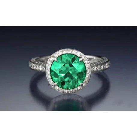 Round Cut Colombian Green Emerald With Natural Earth Mined Diamond Engagement Ring 8.5 Carats 14K Gold