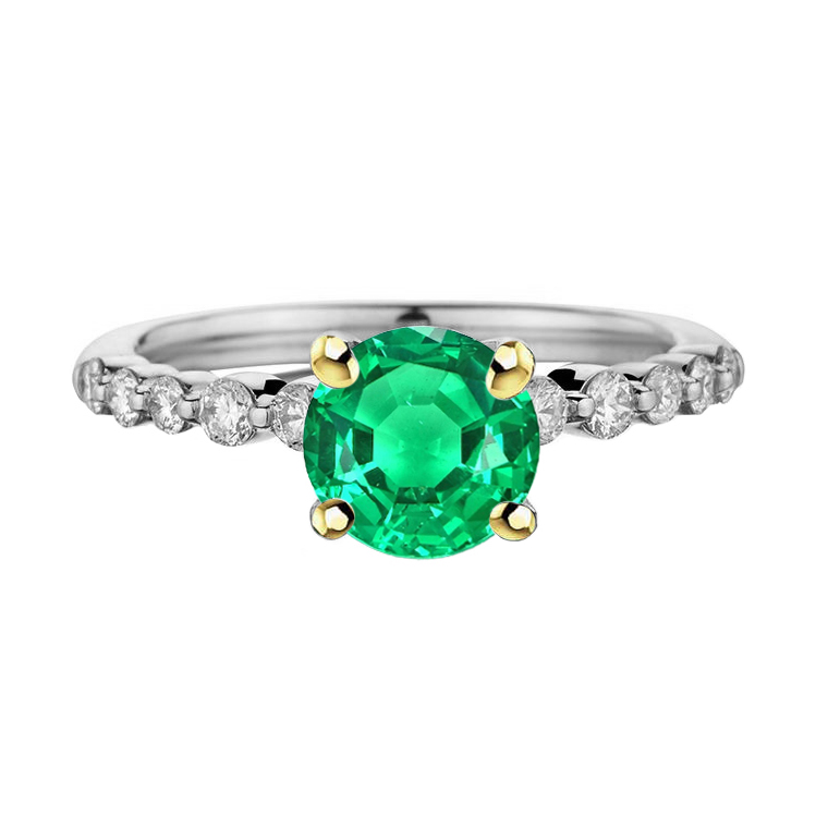 Round Cut Diamond Green Emerald Ring