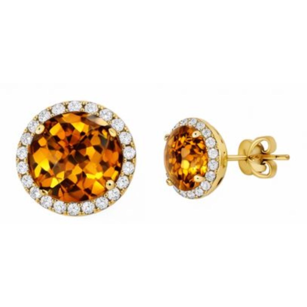 Round Cut Madeira Citrine & Natural Earth Mined Diamonds Lady Studs Earrings Gold 30.80 Ct