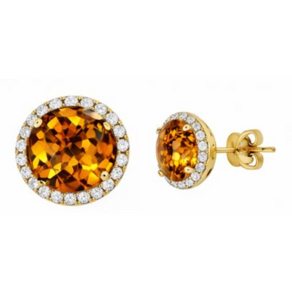 Round Cut Madeira Citrine & Natural Earth Mined Diamonds Lady Studs Earrings Gold 30.80 Ct
