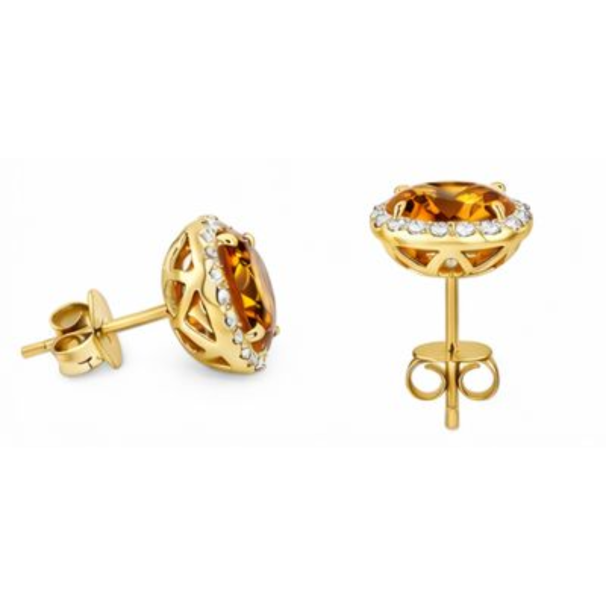 Round Cut Madeira Citrine & Natural Earth Mined Diamonds Lady Studs Earrings Gold 30.80 Ct