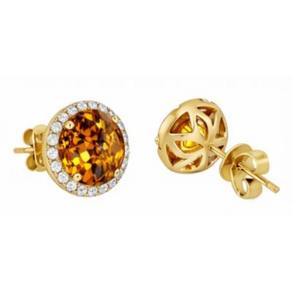 Round Cut Madeira Citrine & Natural Earth Mined Diamonds Lady Studs Earrings Gold 30.80 Ct