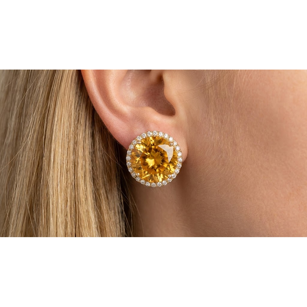 Round Cut Madeira Citrine & Natural Earth Mined Diamonds Lady Studs Earrings Gold 30.80 Ct