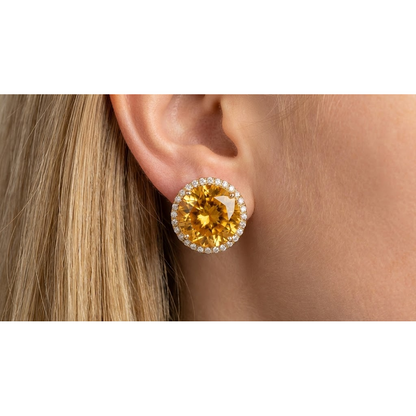 Round Cut Madeira Citrine & Natural Earth Mined Diamonds Lady Studs Earrings Gold 30.80 Ct