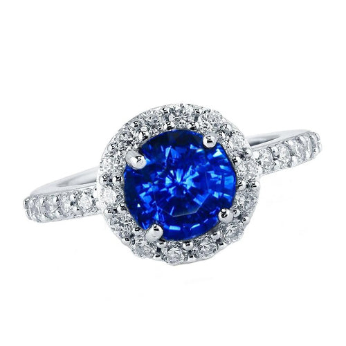 Round Cut Sri Lankan Sapphire Halo Diamond Ring White Gold 14K