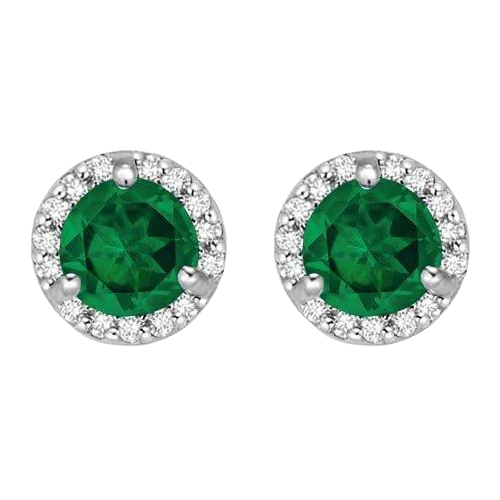 Round Green Emerald With Halo Natural Earth Mined Diamond Stud Earring 3.70 Carat White Gold 14K