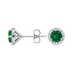 Round Green Emerald With Halo Natural Earth Mined Diamond Stud Earring 3.70 Carat White Gold 14K