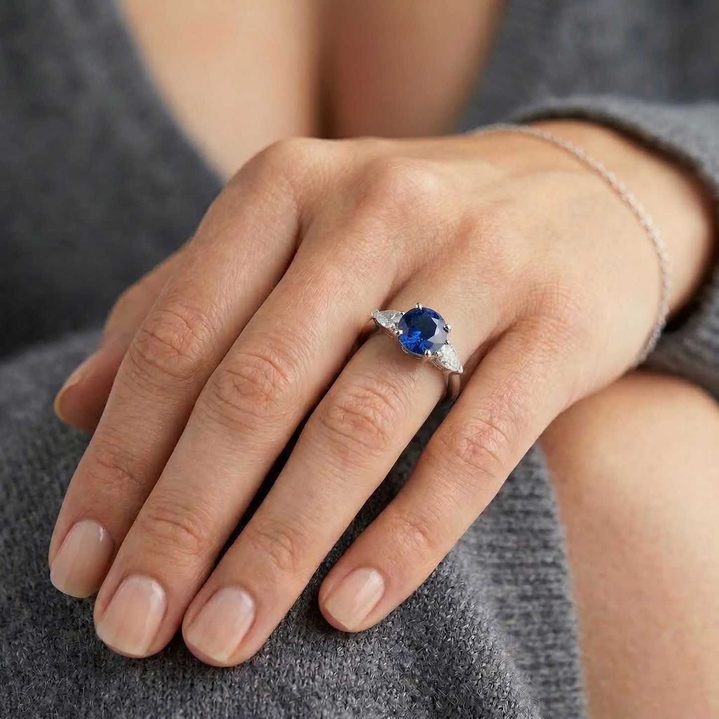 Round & Marquise Ceylon Blue Sapphire Natural Earth Mined Diamonds Ring White Gold 2.50 Ct