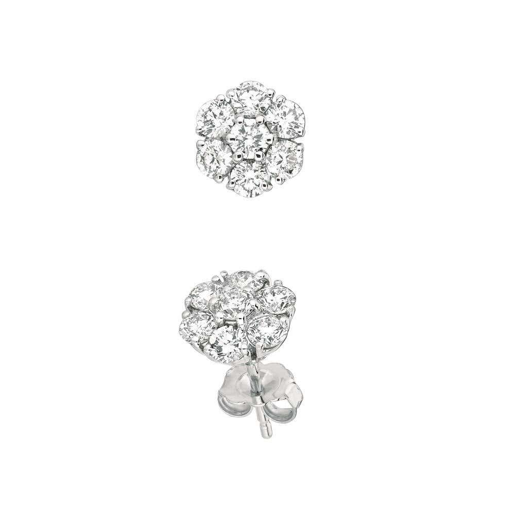 Round Natural Earth Mined Diamond Stud Earring Flower Style 1.50 Carat White Gold 14K