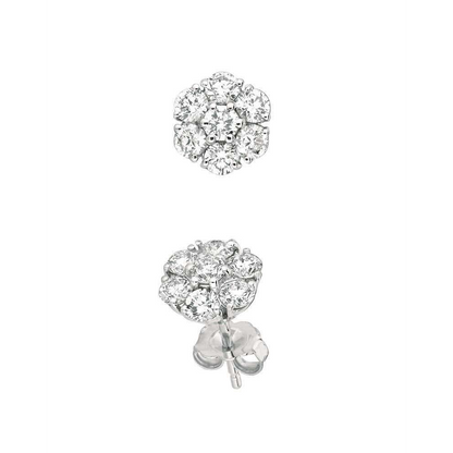 Round Natural Earth Mined Diamond Stud Earring Flower Style 1.50 Carat White Gold 14K