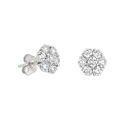 Round Natural Earth Mined Diamond Stud Earring Flower Style 1.50 Carat White Gold 14K