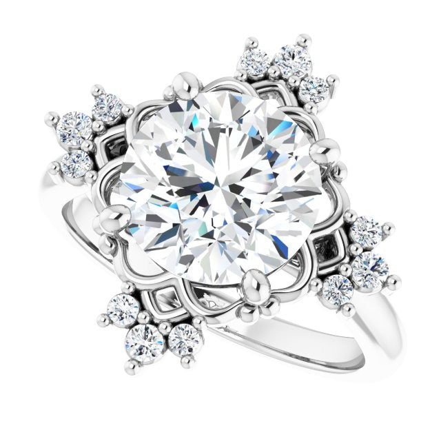 Round Old Cut Large Lab Grown Diamond Engagement Ring Star Style Gold 9 Carats