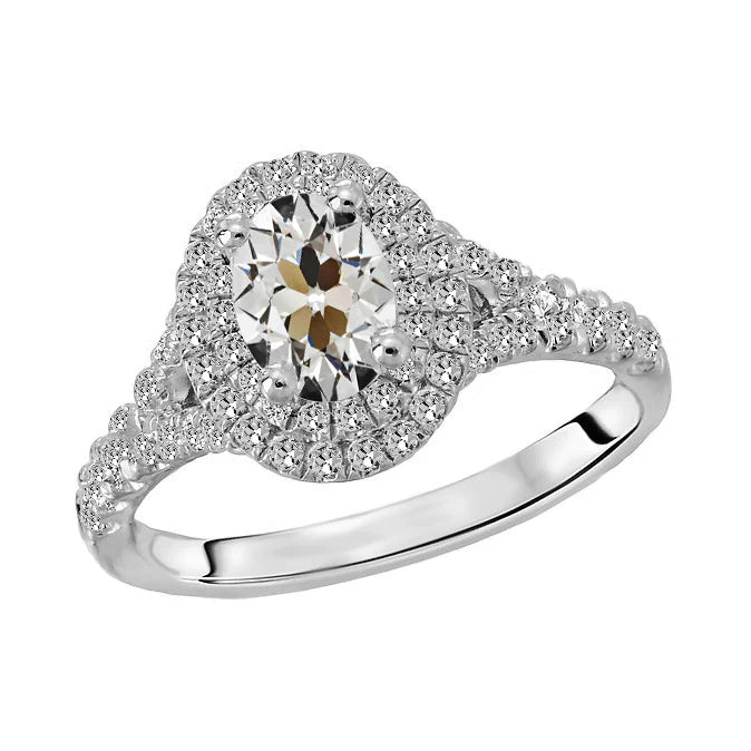 Round & Oval Old Mine Cut Diamond Halo Ring 5 Carats White Gold