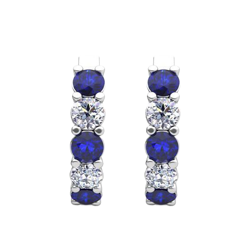 Round Sapphire And Natural Earth Mined Diamond Hoop Earrings