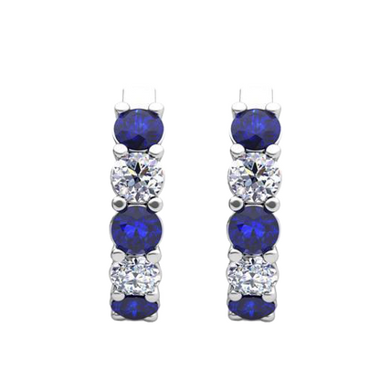 Round Sapphire And Natural Earth Mined Diamond Hoop Earrings