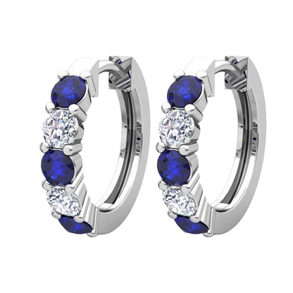 Round Sapphire And Natural Earth Mined Diamond Hoop Earrings