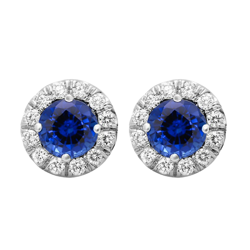 Round Sapphire & Natural Earth Mined Diamond Halo Stud Earring 3 Carat White Gold 14K