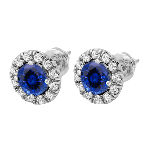 Round Sapphire & Natural Earth Mined Diamond Halo Stud Earring 3 Carat White Gold 14K