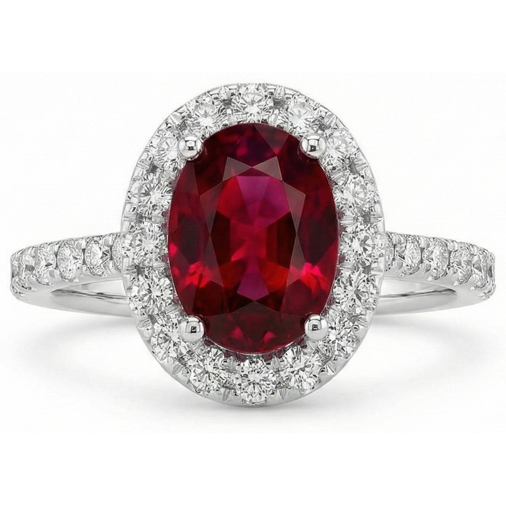 Ruby And Halo Natural Earth Mined Diamond Wedding Ring White Gold 14K 4.55 Ct