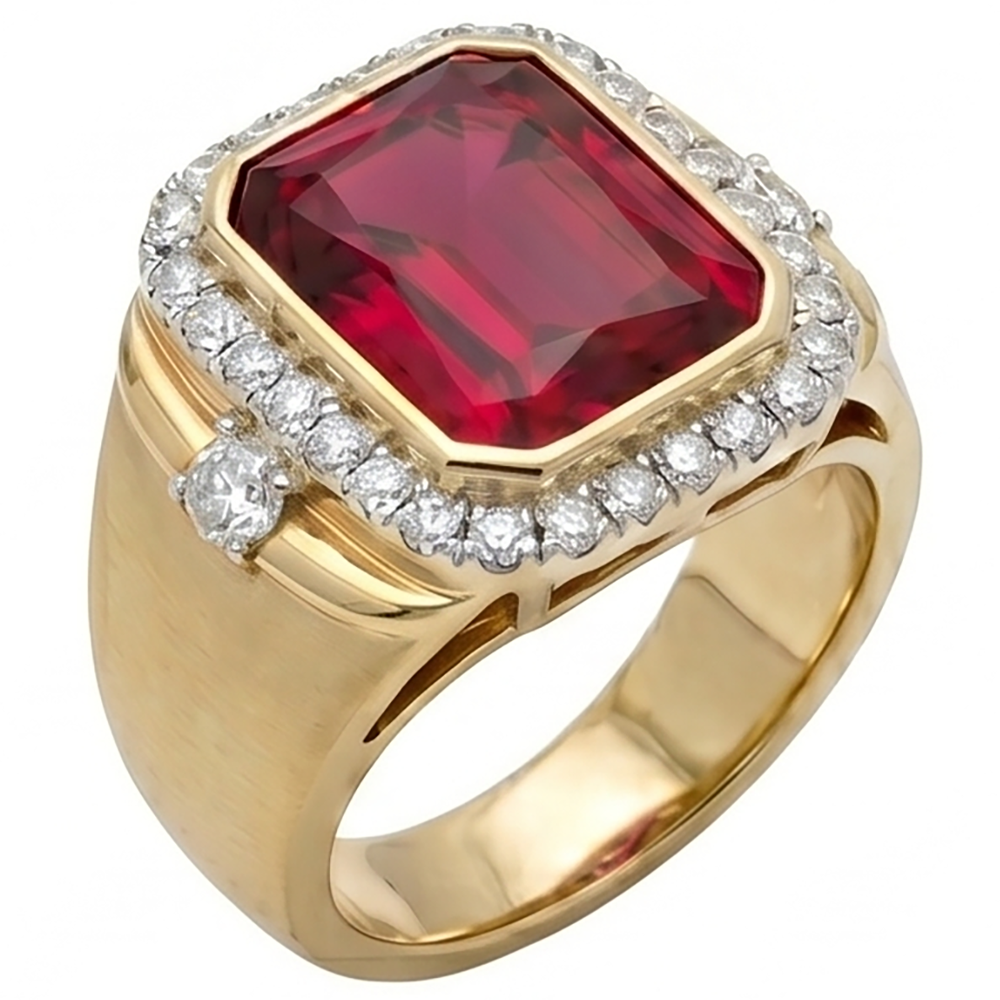 Ruby Lab Grown Ring 10K Yellow Gold Men's Statement Ring
