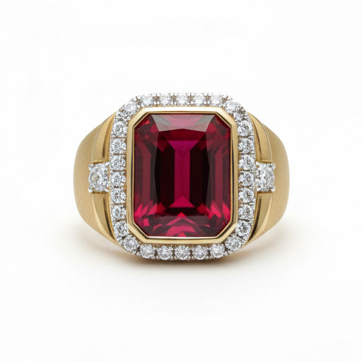 Ruby Lab Grown Ring 10K Yellow Gold Men's Statement Ring