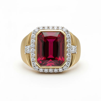 Ruby Lab Grown Ring 10K Yellow Gold Men's Statement Ring
